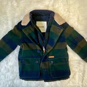 Ben Sherman Sz 1-2 years Blue Green Plaid Coat Sherpa Collar Winter Cozy